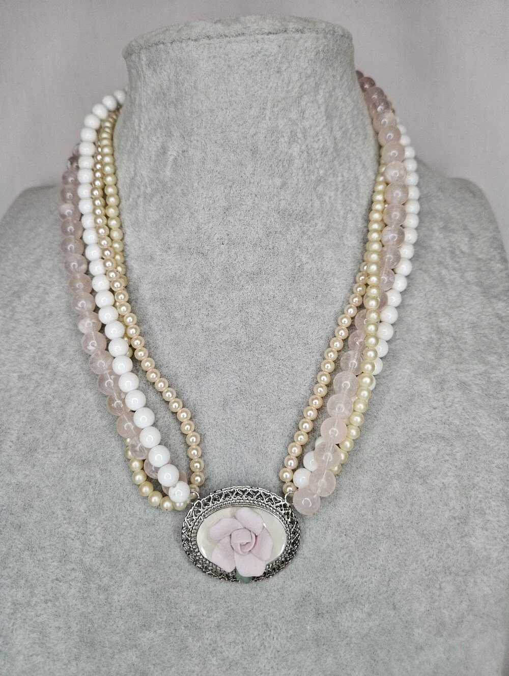 Vtg 1928 Jewelry Co Rose Quartz Pearl Multi Strand Choker Flower Necklace GUC